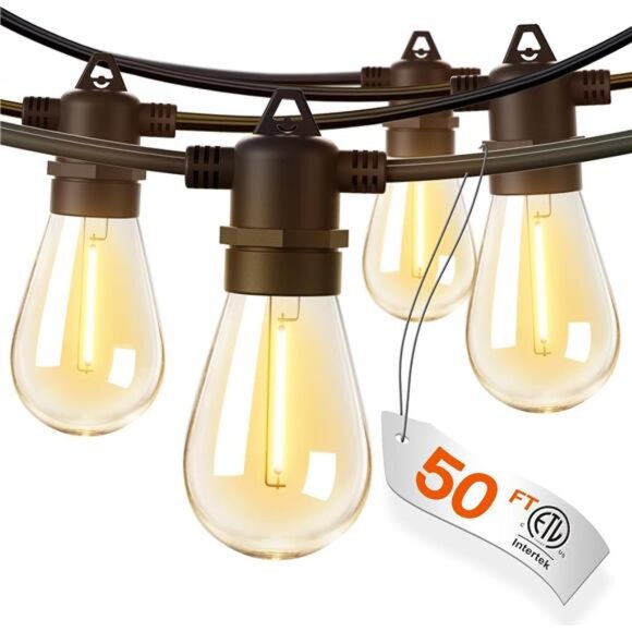 50FT LED Outdoor String Lights with Edison Shatterproof Bulbs, Weatherproof - Picture 1 of 7